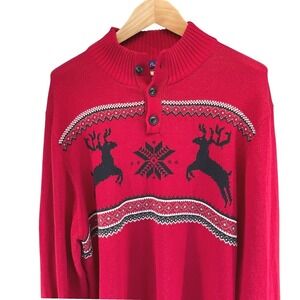 Alan Flusser Mens Red Reindeer Fair Isle Cotton Quarter Button Sweater XXL